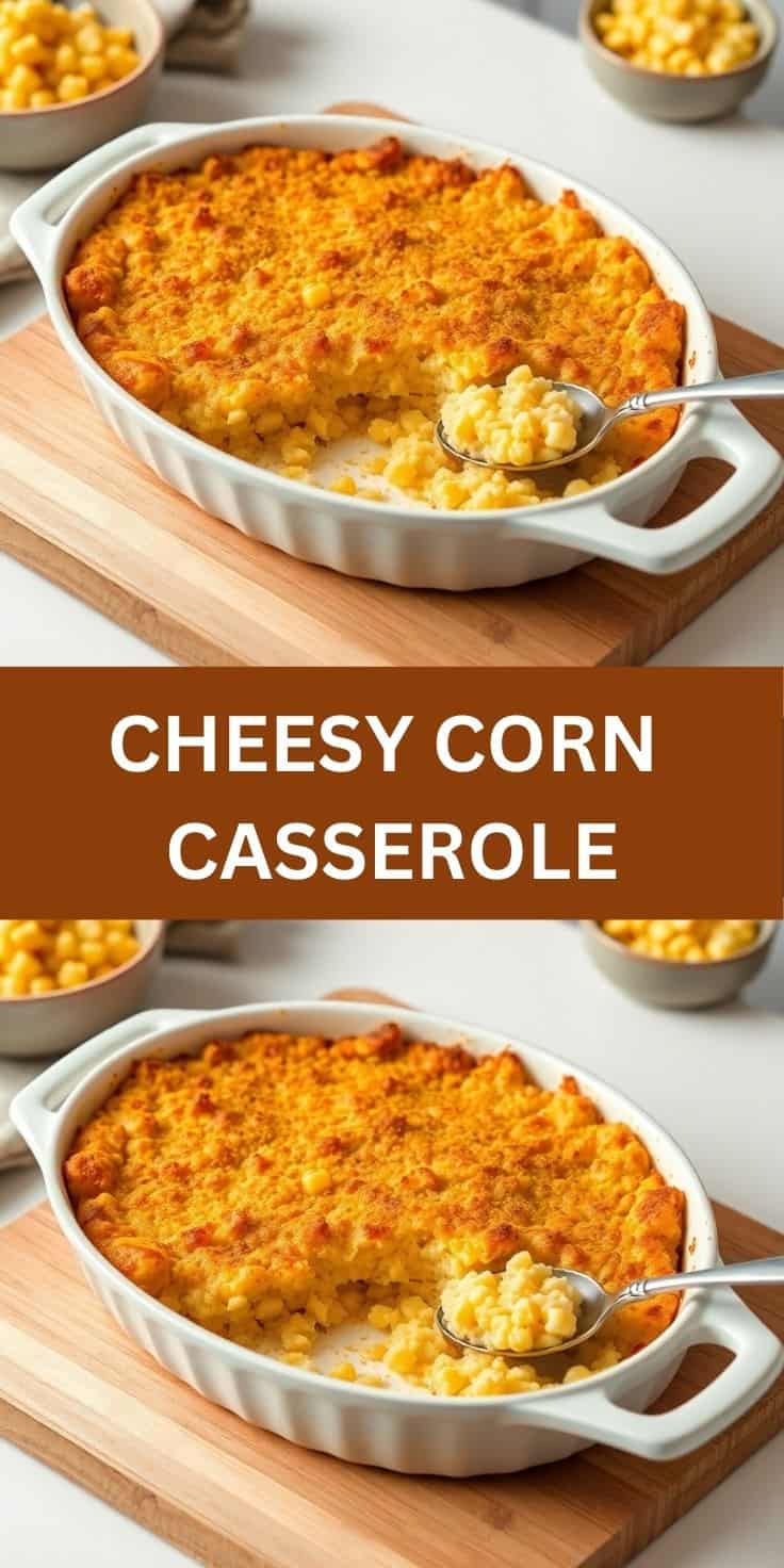 Cheesy corn casserole in white baking dish with golden-brown top, served on wooden board with spoon.