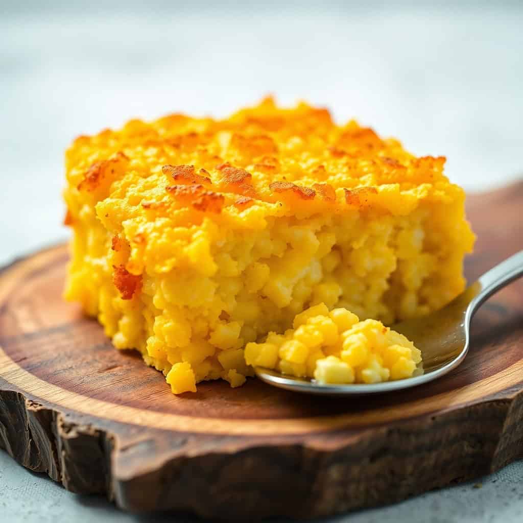 Golden baked cheesy corn casserole with crispy top served on wooden board with spoon.