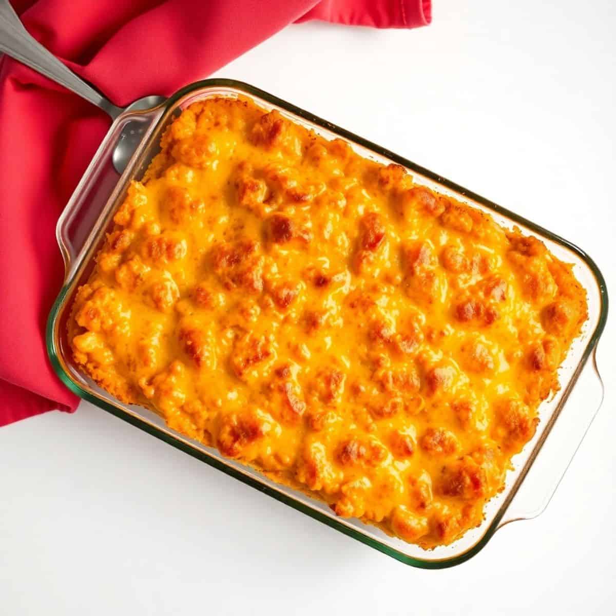 Cheesy hash brown casserole in glass baking dish with golden-brown melted cheese topping.