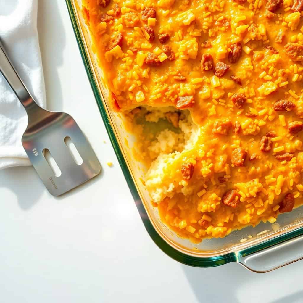 Cheesy hash brown casserole in glass baking dish with golden-brown crispy top and server.
