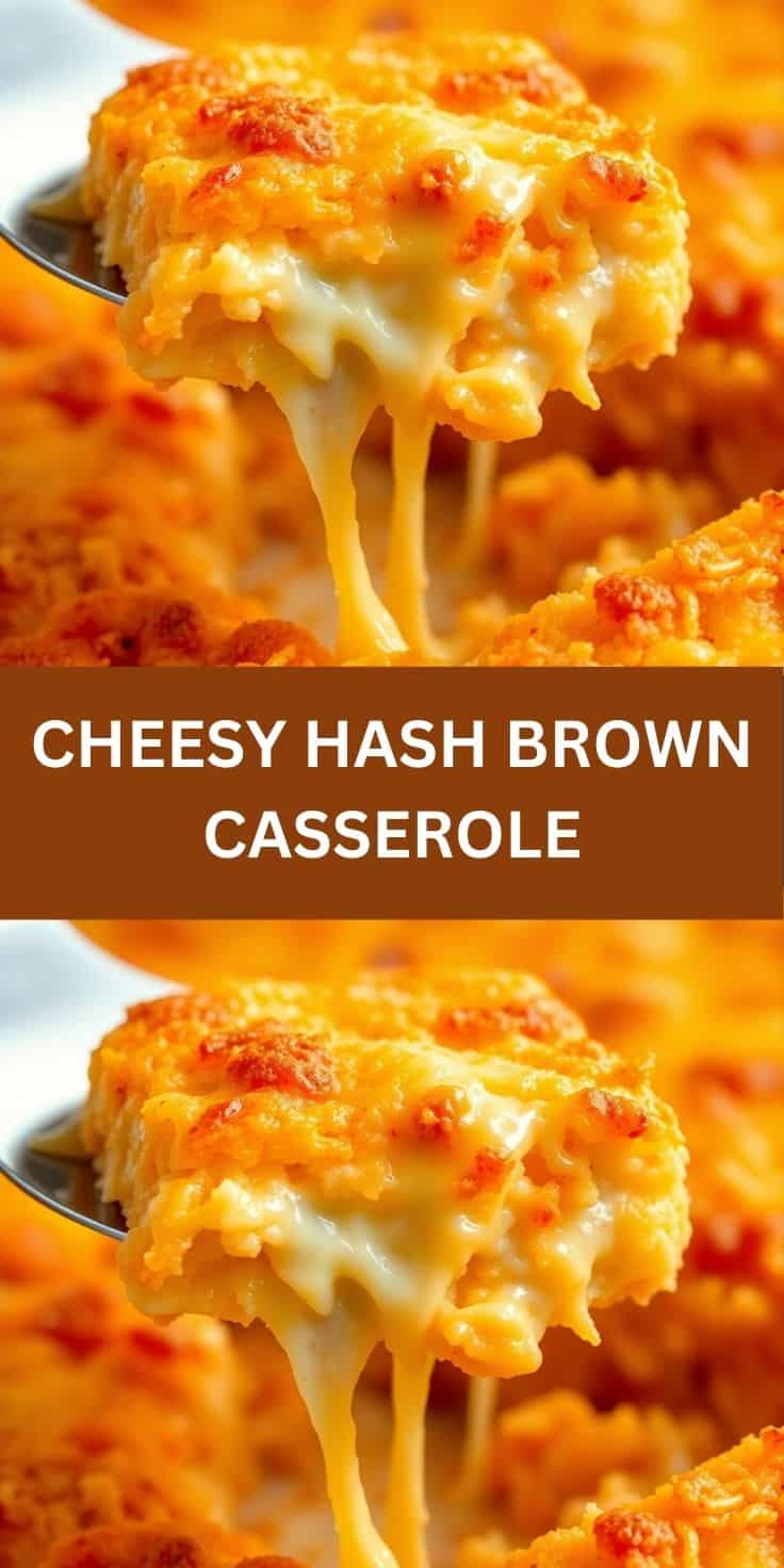 Cheesy hash brown casserole with melted cheese stretching from a fork, golden-brown top.
