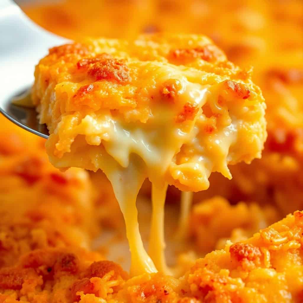 Cheesy hash brown casserole with melted cheese stretching from fork, golden-brown top with paprika seasoning.