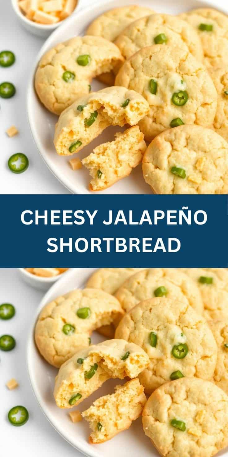 Cheesy jalapeño shortbread cookies with green jalapeño slices on white plate.