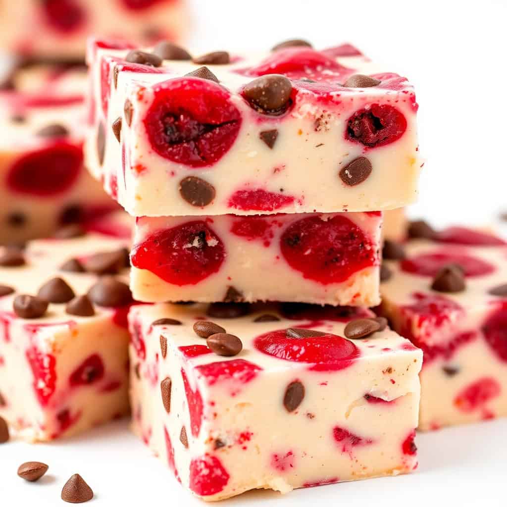 Stacked Cherry Garcia fudge pieces with red cherries, chocolate chips, and cream-colored base on white surface.