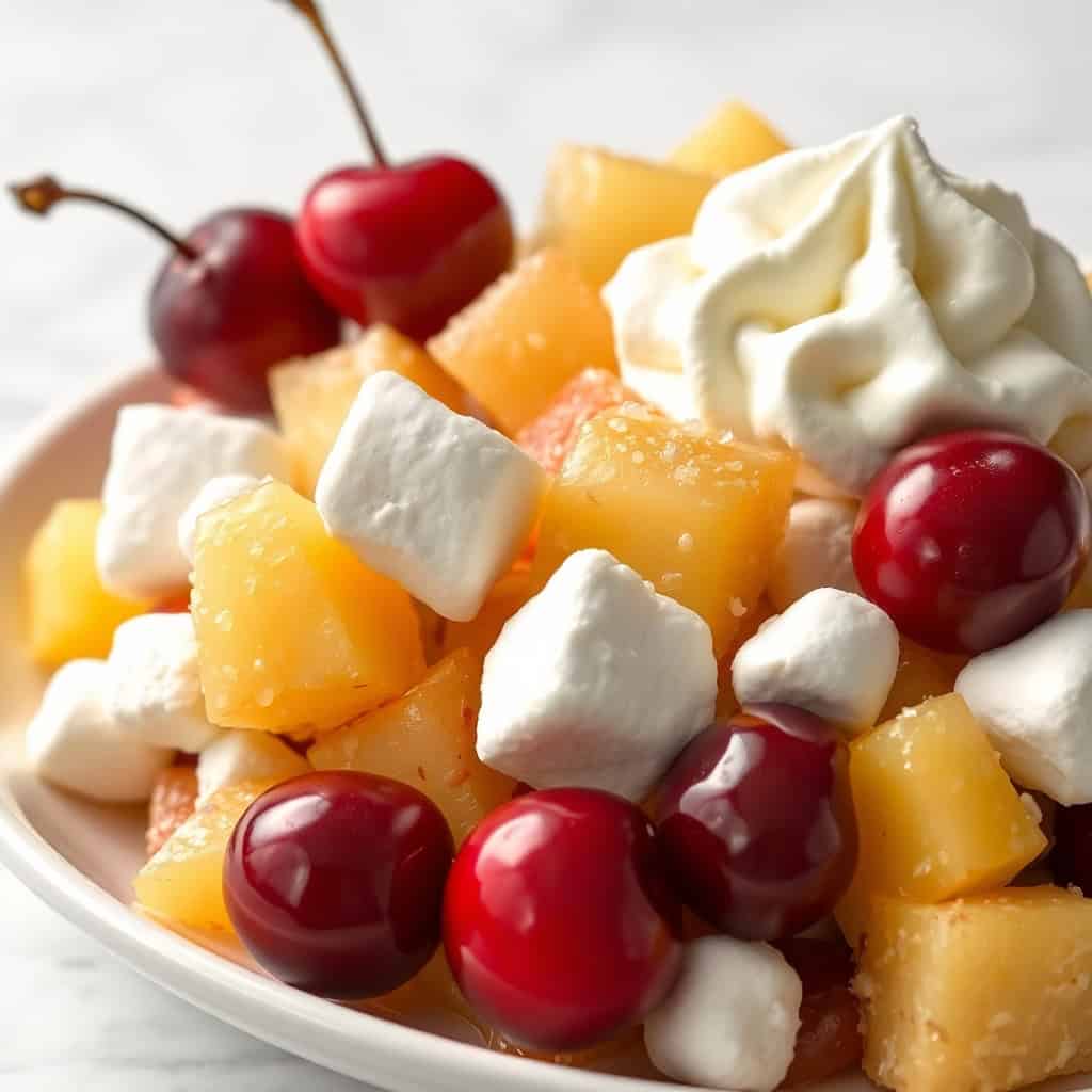 Cherry salad with whipped cream, yellow fruit pieces, and maraschino cherries on white plate.