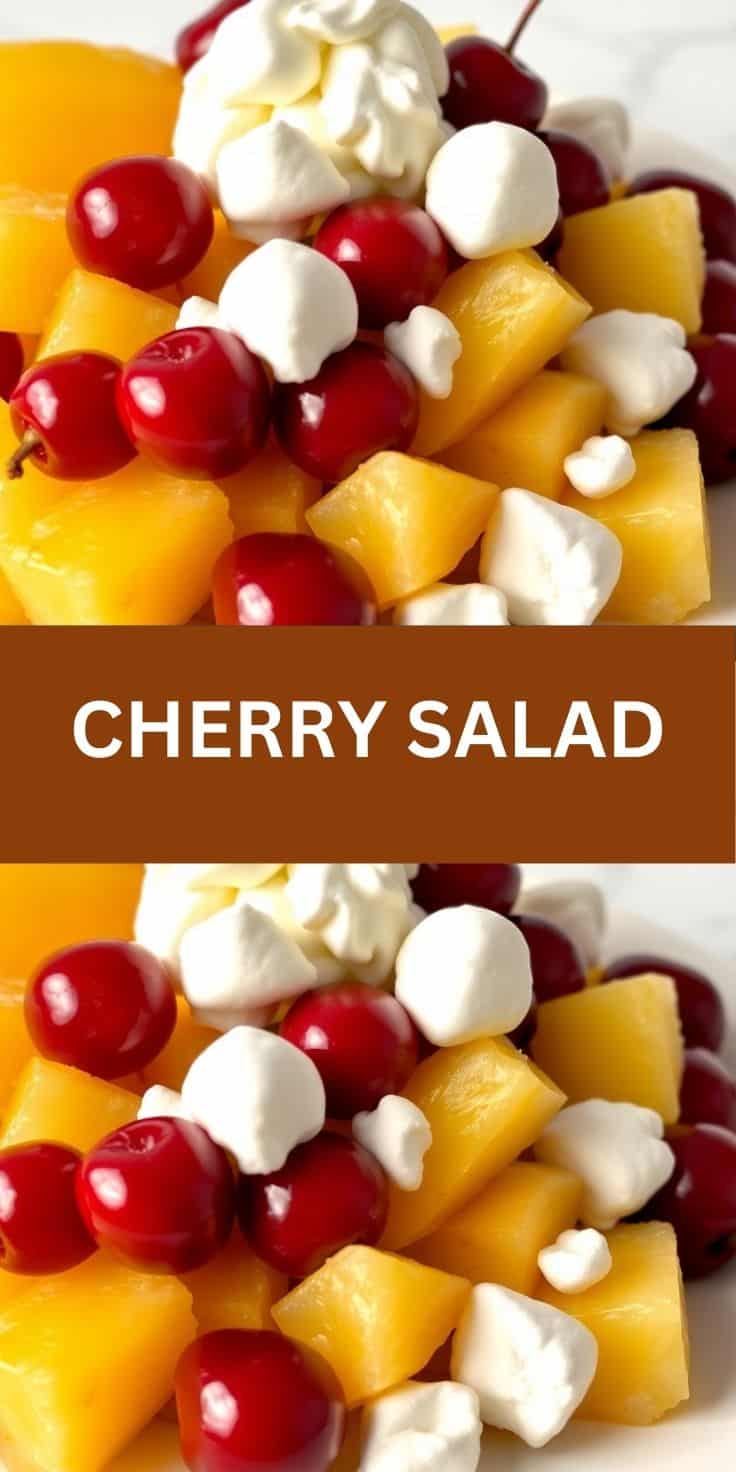 Cherry salad with red maraschino cherries, pineapple chunks, and whipped cream dollops.