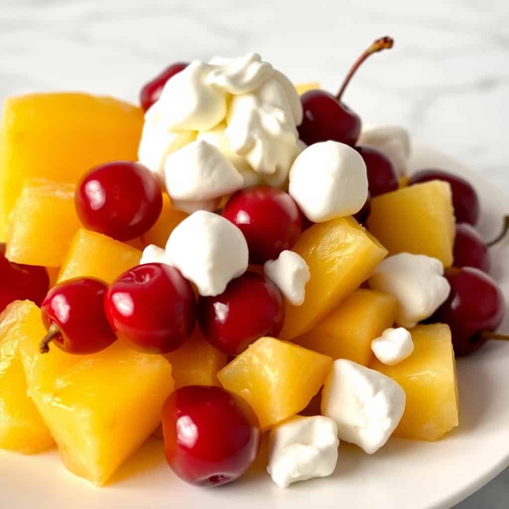 Cherry salad with pineapple chunks, maraschino cherries, marshmallows, and whipped cream on white plate.