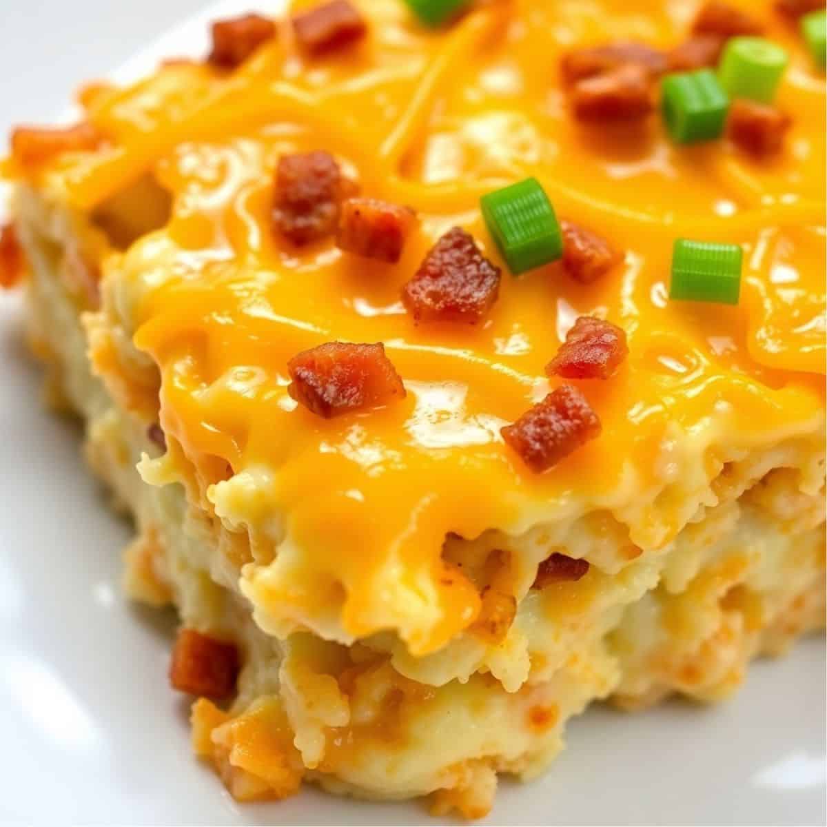 Chicken bacon ranch casserole slice with melted cheese, bacon bits, and green onions on white plate.