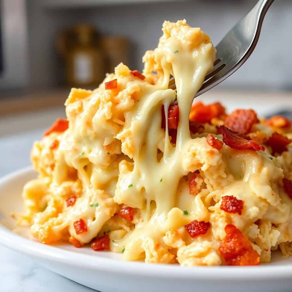 Chicken bacon ranch casserole with melted cheese being lifted on a fork from a white plate.