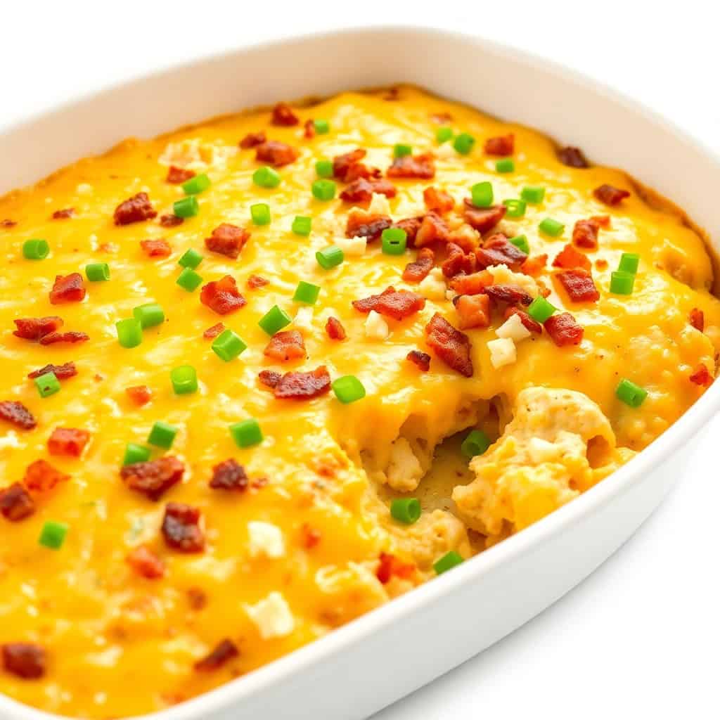 Chicken bacon ranch casserole in white baking dish, topped with melted cheddar cheese, bacon bits, and green onions.