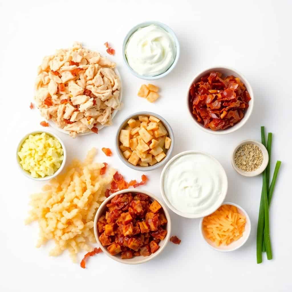 Chicken bacon ranch casserole ingredients arranged in bowls on white surface including rice, cheese, and fresh herbs.