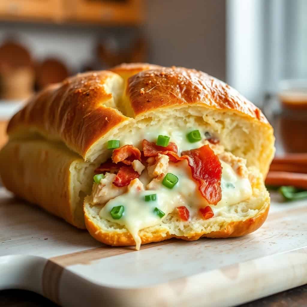 Chicken bacon ranch stuffed bread halved on wooden board, showing melted cheese, bacon, and green onions.