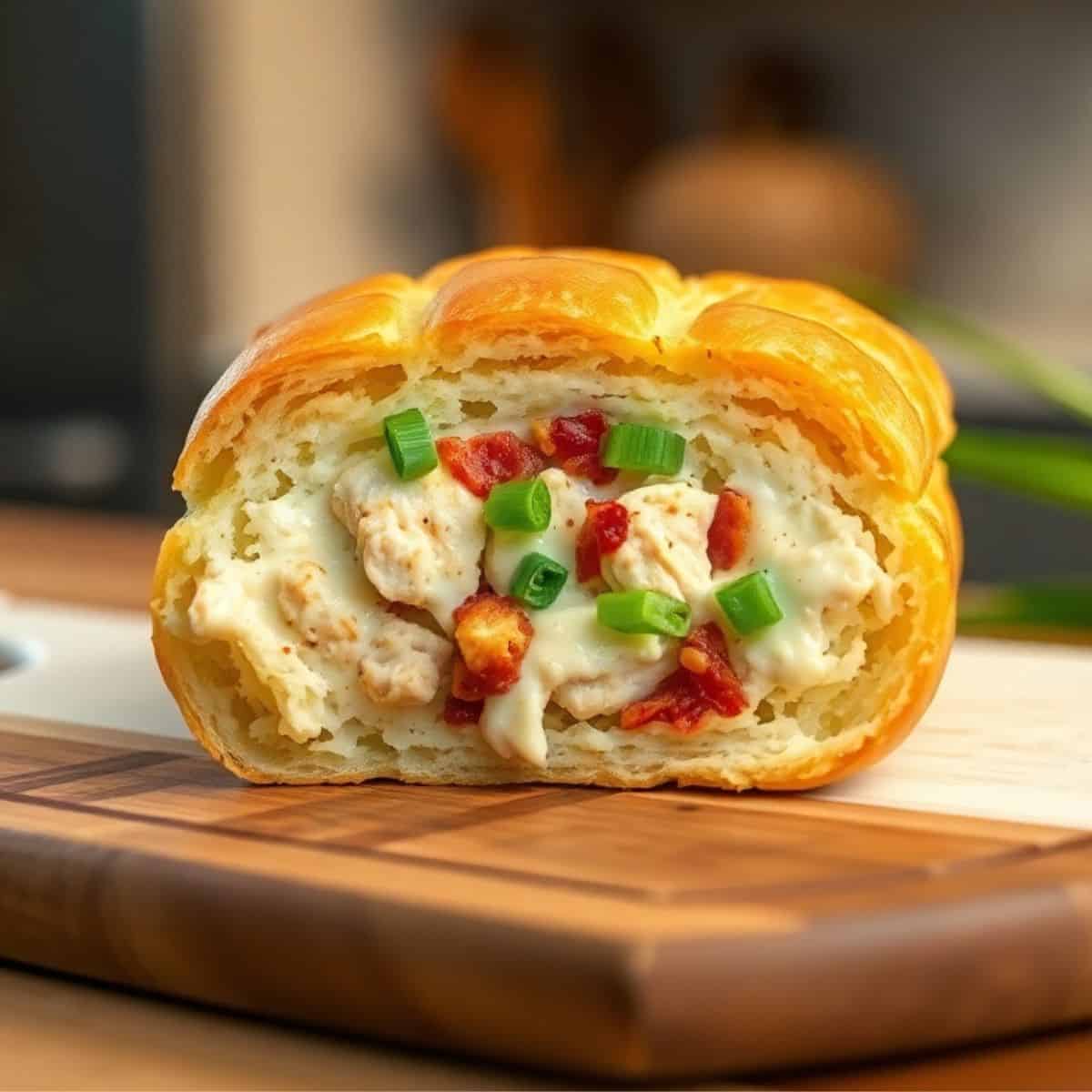 Golden croissant filled with chicken, bacon, ranch, red peppers, and green onions on wooden board.