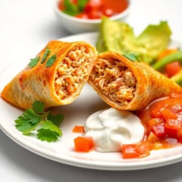 Crispy golden chicken chimichangas cut in half, served with sour cream, diced tomatoes, cilantro, and lettuce on white plate.