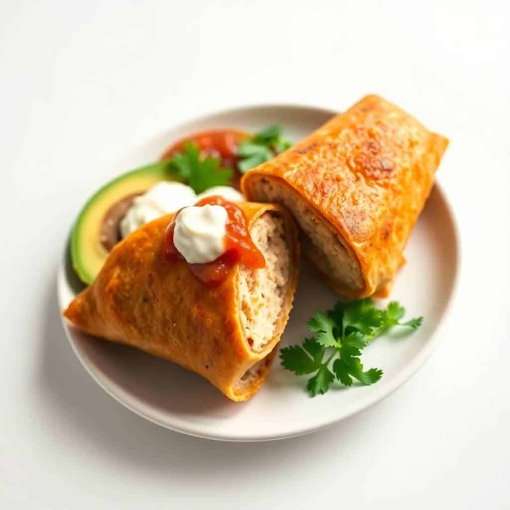 Crispy golden chicken chimichangas on white plate with sour cream, avocado, and fresh cilantro garnish.