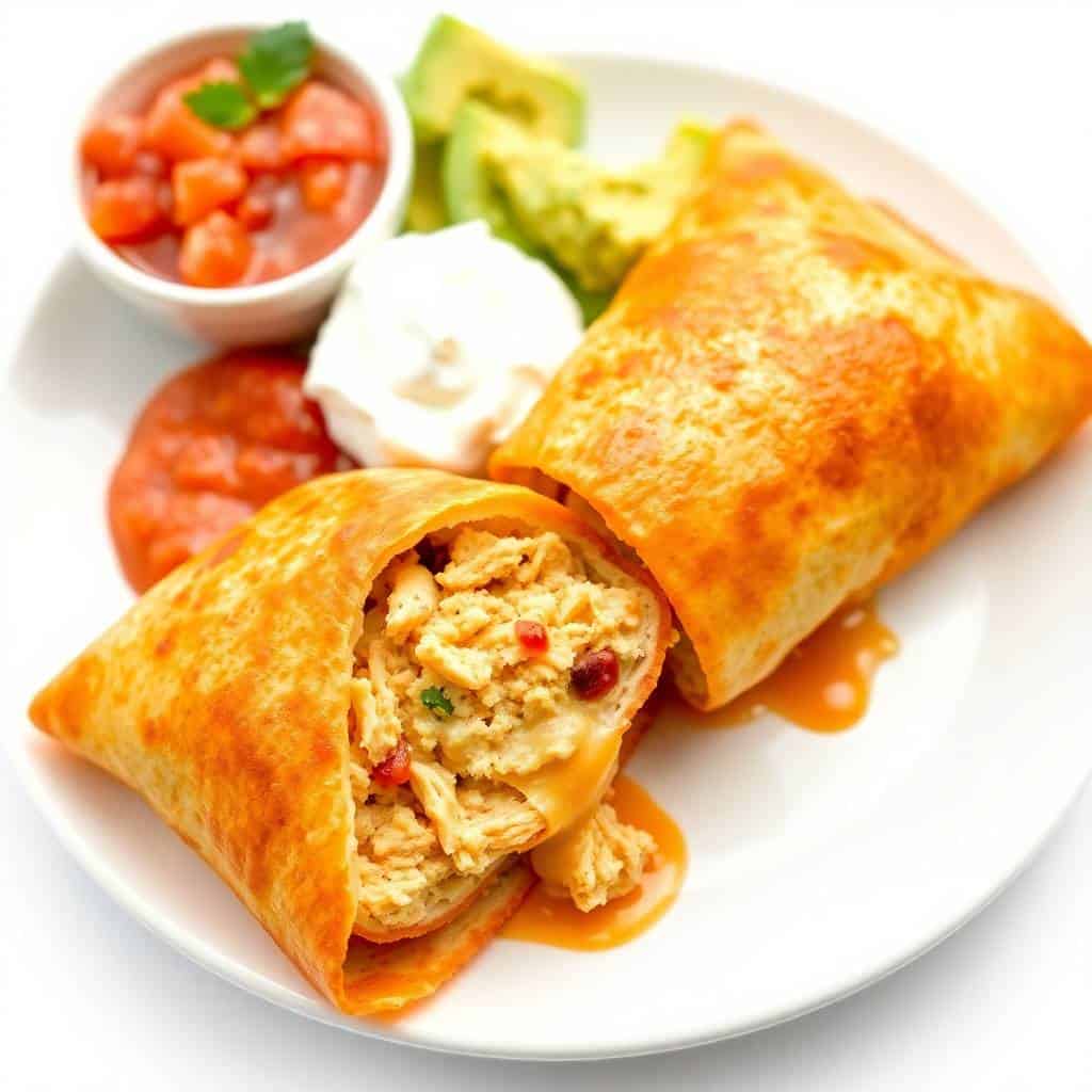Golden-brown chicken chimichangas with white cream sauce, served with pico de gallo and avocado garnish.