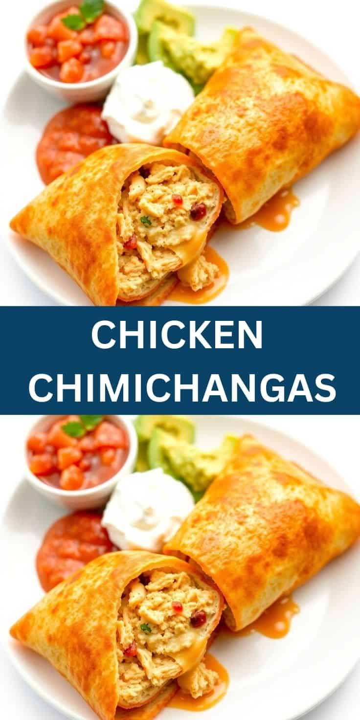 Crispy fried chicken chimichangas with shredded chicken filling, served with salsa and sour cream.