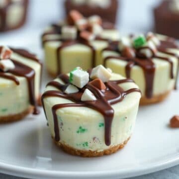 Individual Andes mint cheesecakes with graham cracker crusts, chocolate drizzle, and white candy garnish on white plate.