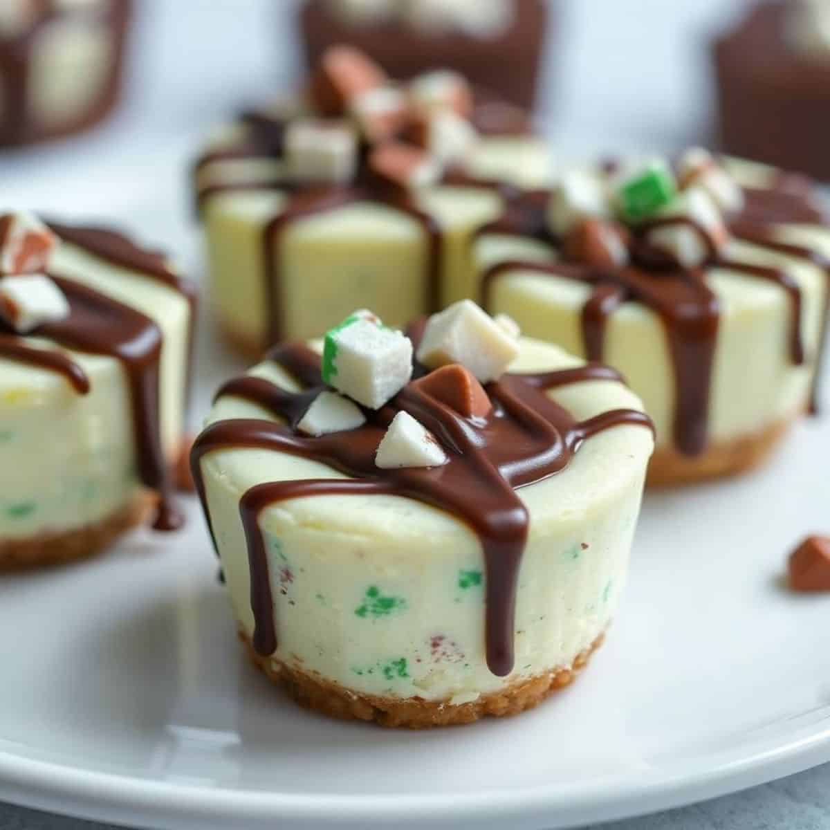 Individual Andes mint cheesecakes with graham cracker crusts, chocolate drizzle, and white candy garnish on white plate.