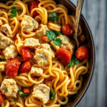 Chicken Pot Pie Noodle Skillet with curly pasta, diced chicken, red peppers, and fresh parsley in dark skillet.