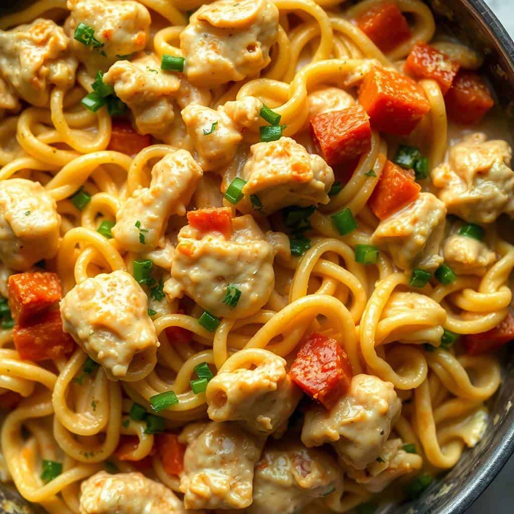 Chicken Pot Pie Noodle Skillet with curly noodles, chicken pieces, red peppers, and green chives in a skillet.