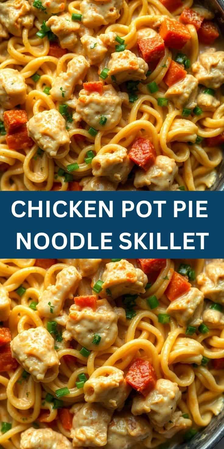 Chicken pot pie noodle skillet with egg noodles, chicken pieces, red peppers, and fresh chives in cream sauce.