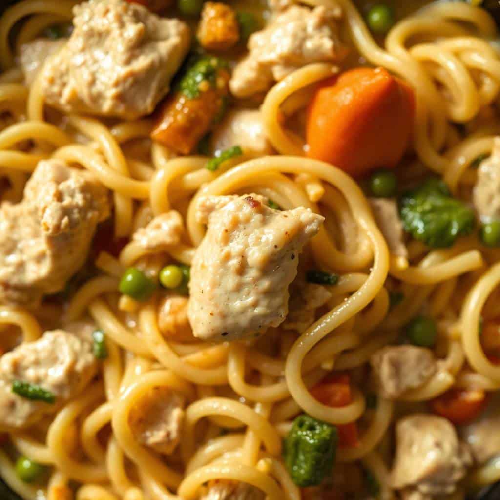 Chicken pot pie noodle skillet with egg noodles, chicken, peas, carrots, and fresh parsley garnish.