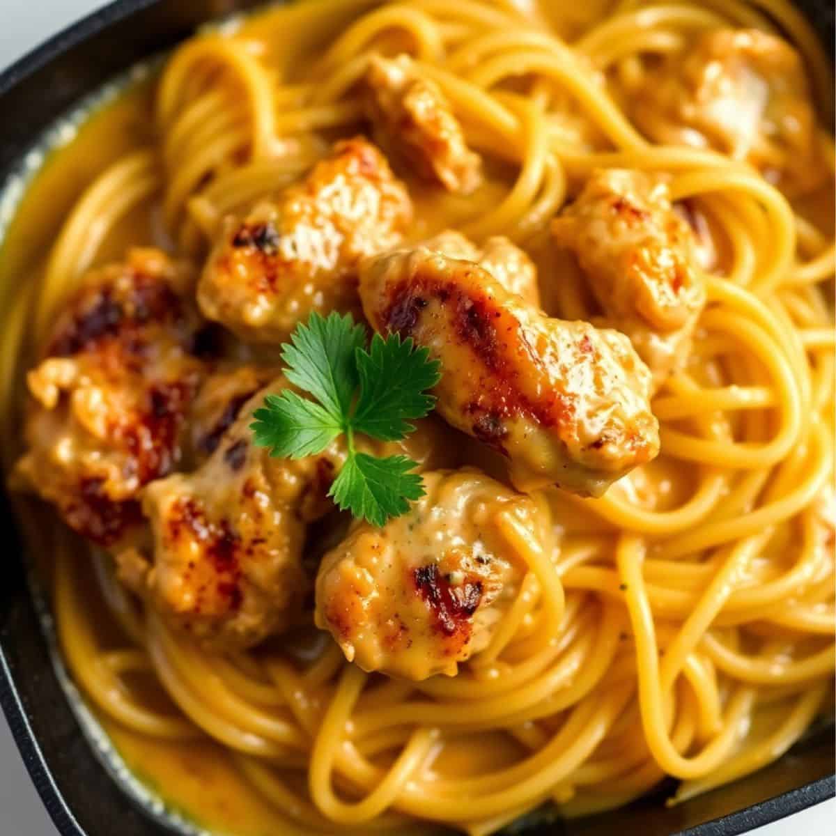 Seared chicken pieces with golden buttered noodles, garnished with fresh cilantro in a dark bowl.