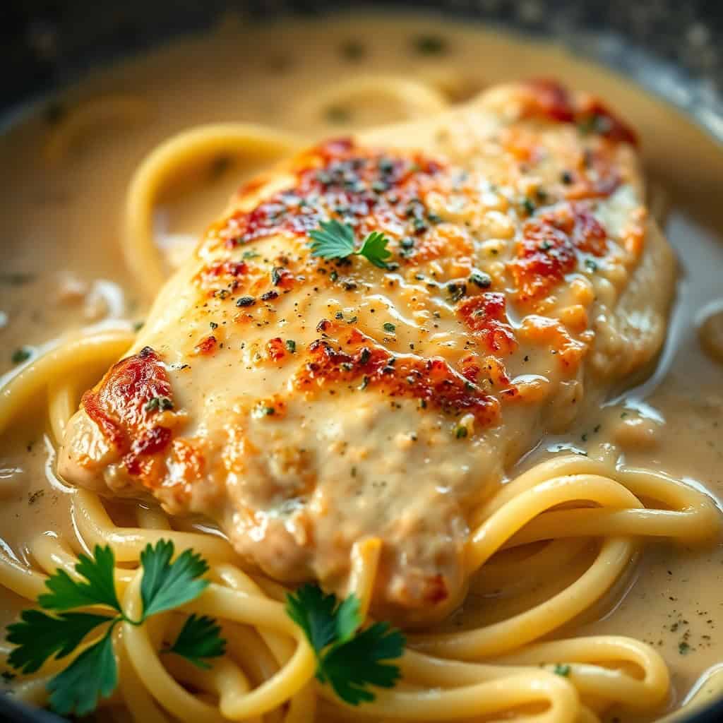 Seared chicken breast with creamy sauce served over buttered noodles, garnished with fresh parsley and cracked pepper.