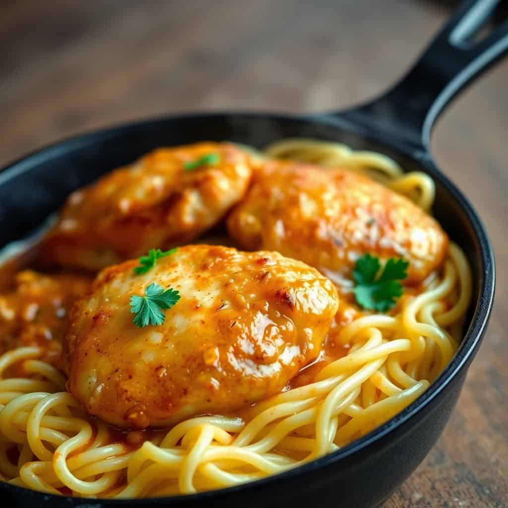 Golden-brown chicken breast on buttered noodles in cast iron skillet, garnished with parsley.