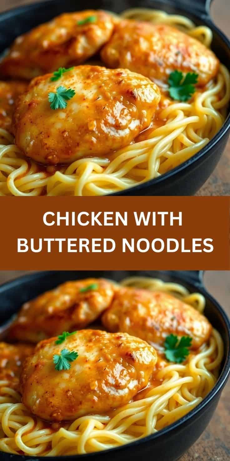 Glazed chicken breasts on buttered noodles garnished with fresh parsley in a dark bowl.
