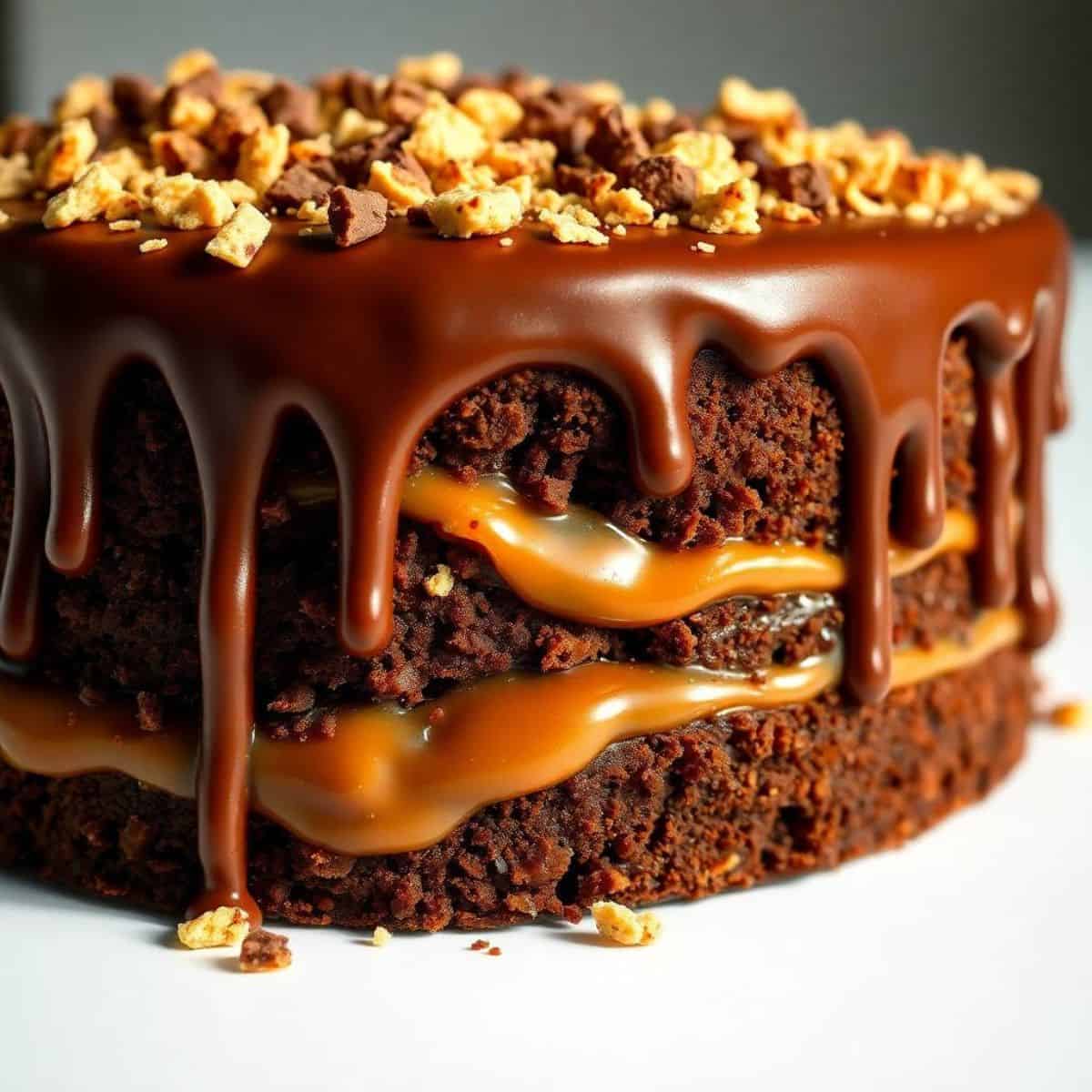 Chocolate caramel toffee crunch cake with chocolate ganache drip, caramel filling, and toffee crunch topping.