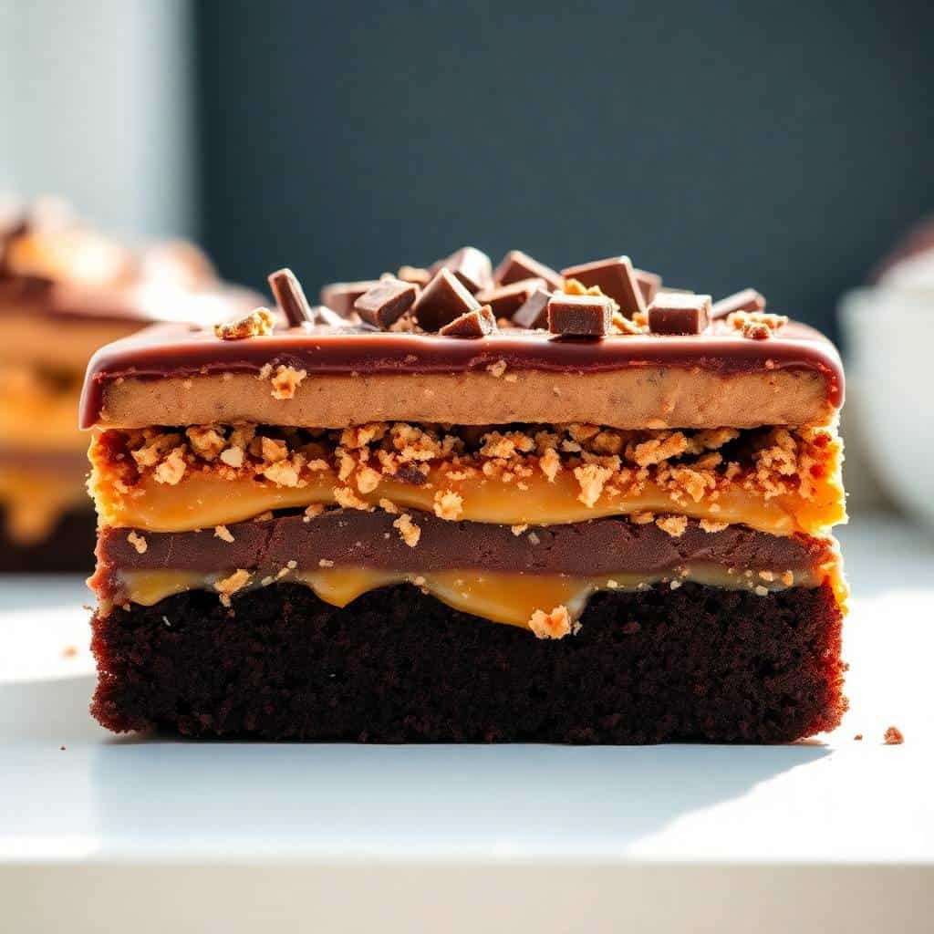 Chocolate caramel toffee crunch cake slice showing layered dark chocolate cake, caramel, and chocolate frosting topped wit...