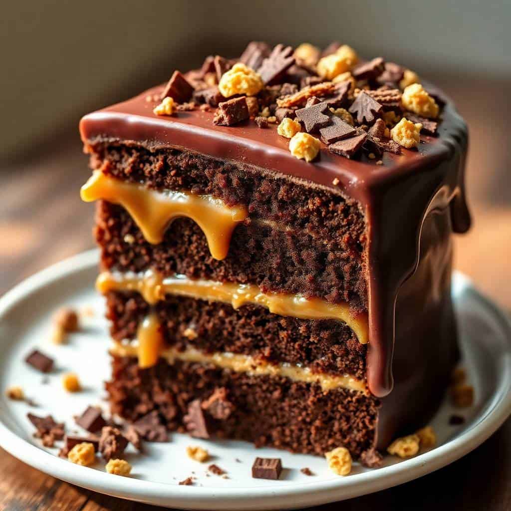 Layered chocolate caramel toffee crunch cake with glossy ganache, caramel drip, and crunchy toffee garnish on white plate.
