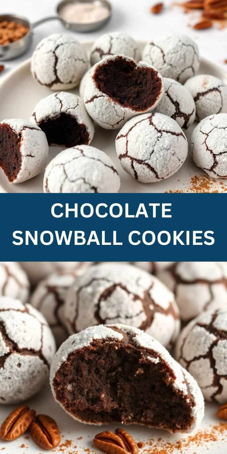 Chocolate snowball cookies with powdered sugar coating, one broken in half revealing dark chocolate interior, on white plate.