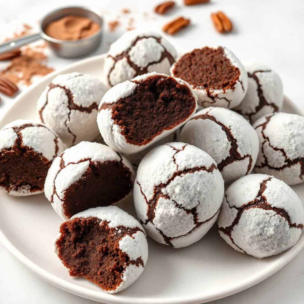 Chocolate snowball cookies with white powdered sugar coating and dark chocolate centers on a white plate.