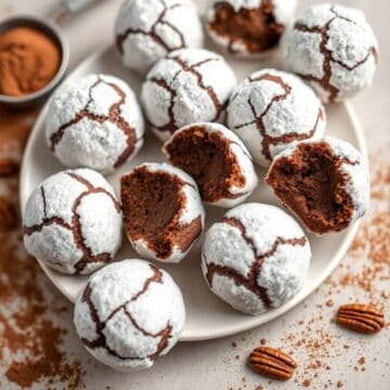 Chocolate snowball cookies with powdered sugar coating on white plate, some broken in half to show fudgy interior.