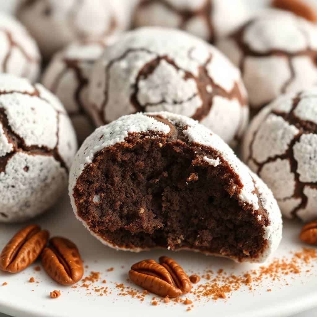 Chocolate snowball cookies with powdered sugar coating, one broken open revealing dark chocolate interior, pecans scattere...