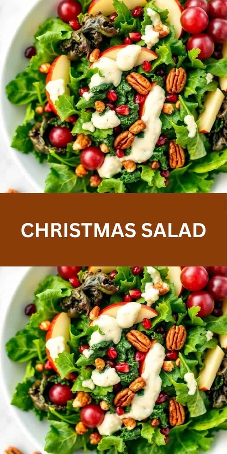 Christmas salad with mixed greens, apples, red grapes, pecans, cranberries, and creamy dressing on white plate.