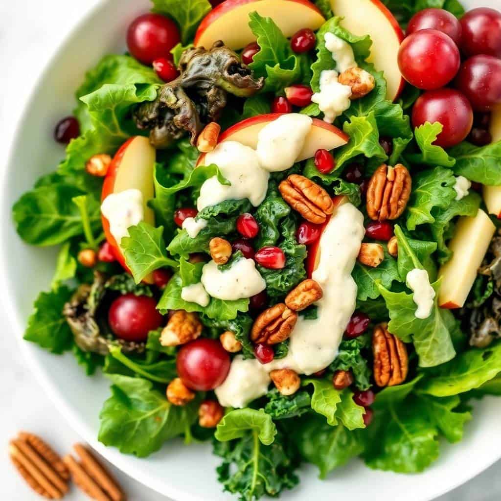 Christmas salad with mixed greens, apples, pomegranate, pecans, and creamy dressing on white plate.