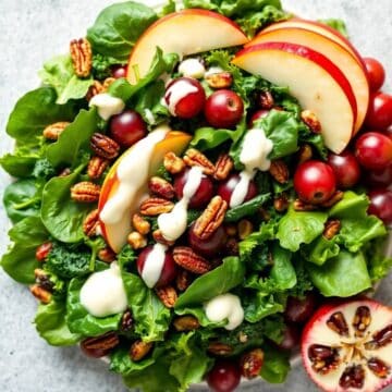 Festive salad with mixed greens, sliced apples, cranberries, pecans, and white cheese drizzle.