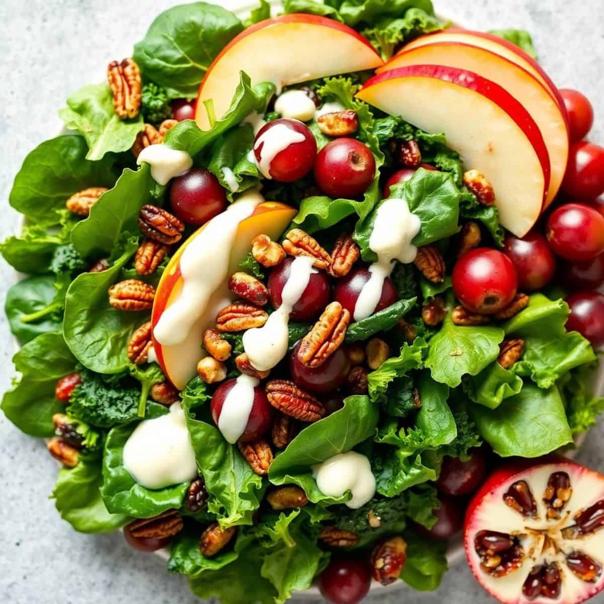 Festive salad with mixed greens, sliced apples, cranberries, pecans, and white cheese drizzle.