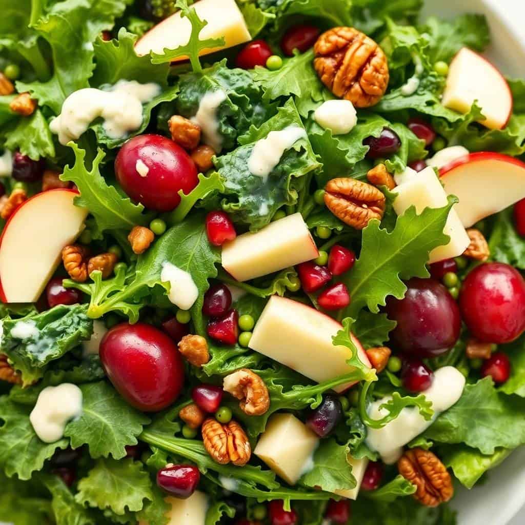 Christmas salad with mixed greens, red grapes, pecans, apples, pomegranate seeds, and white cheese crumbles.