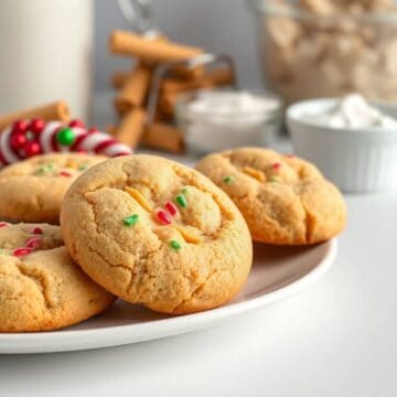 Christmas snickerdoodles with red and green sprinkles on white plate, holiday decorations blurred in background.