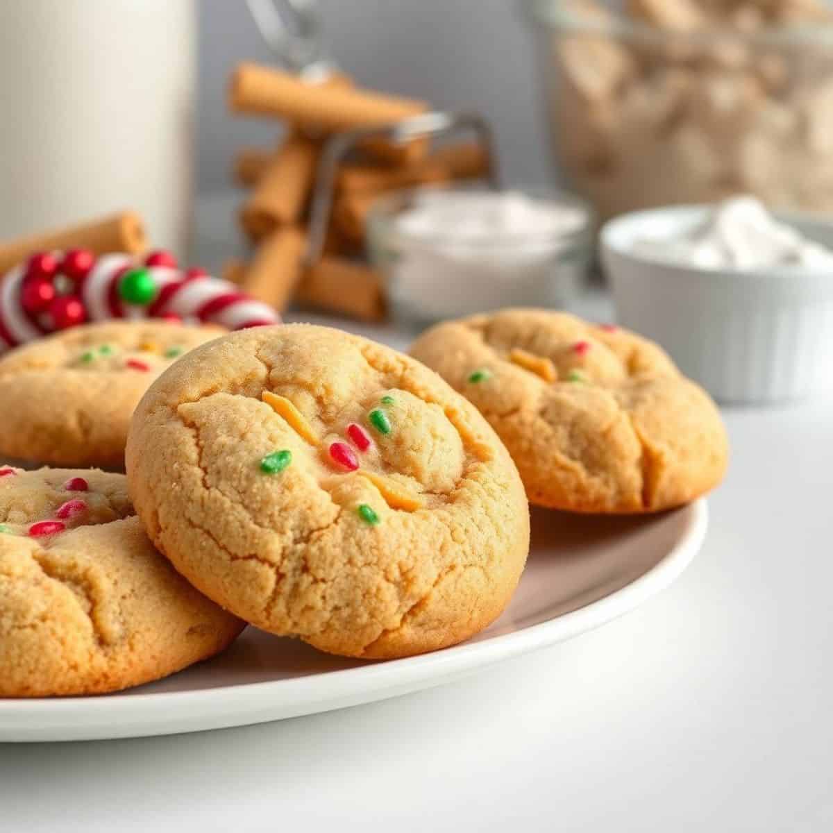 Christmas snickerdoodles with red and green sprinkles on white plate, holiday decorations blurred in background.
