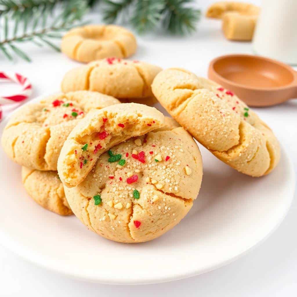 Christmas snickerdoodles with red and green sprinkles on white plate, evergreen garnish.