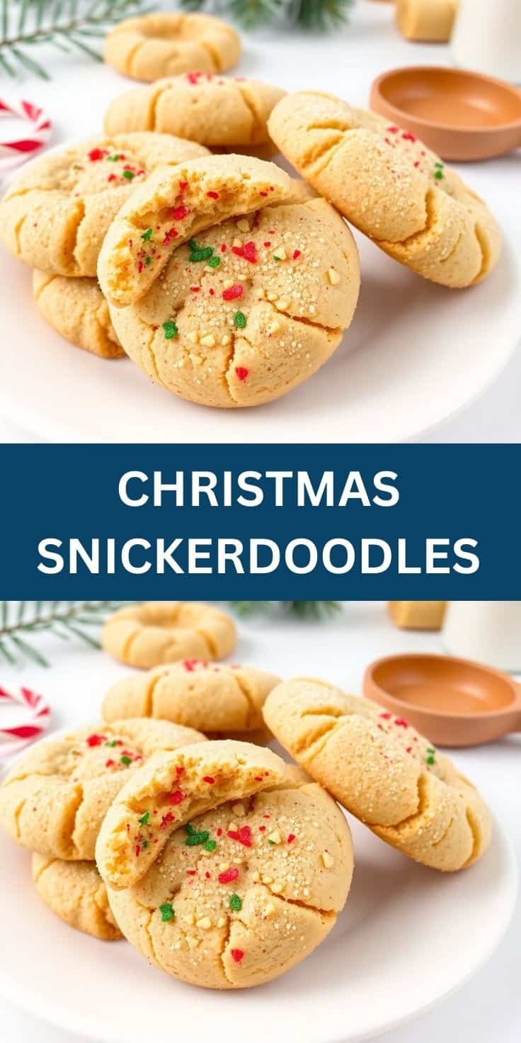 Christmas snickerdoodles with red and green sprinkles arranged on white plate with cinnamon sugar coating.