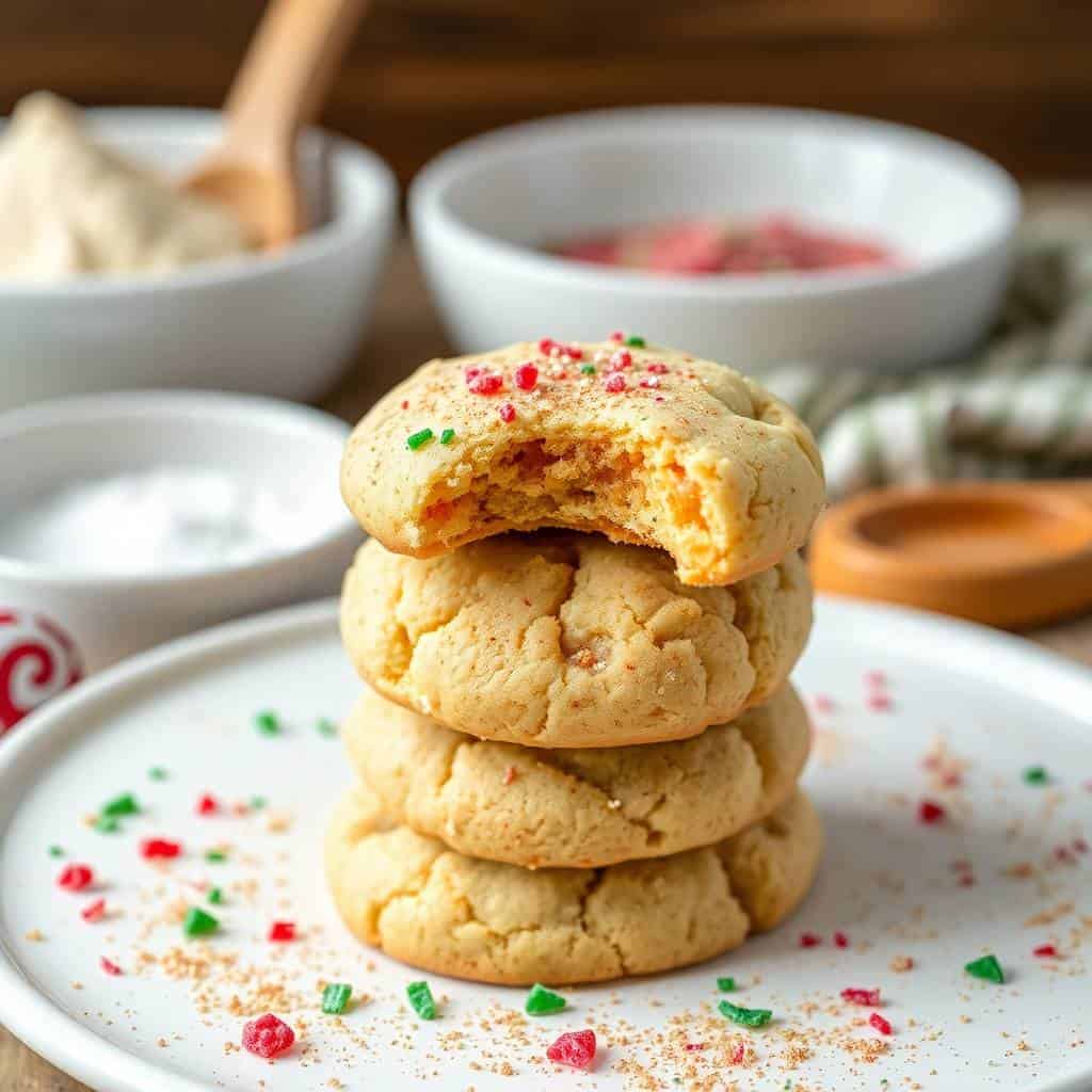 Stack of four Christmas snickerdoodles with red and green sprinkles on white plate, one cookie broken in half.