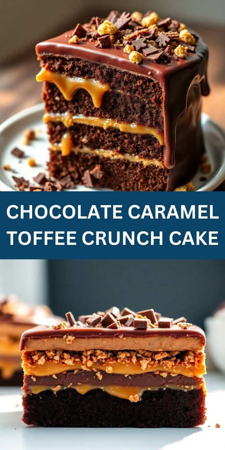 Chocolate Caramel Toffee Crunch Cake with layered chocolate cake, caramel filling, and chocolate ganache topping.