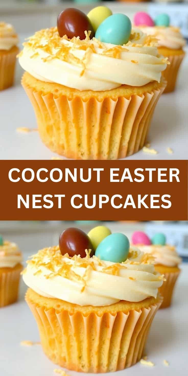 Coconut Easter nest cupcakes with vanilla frosting, shredded coconut, and colorful speckled eggs.
